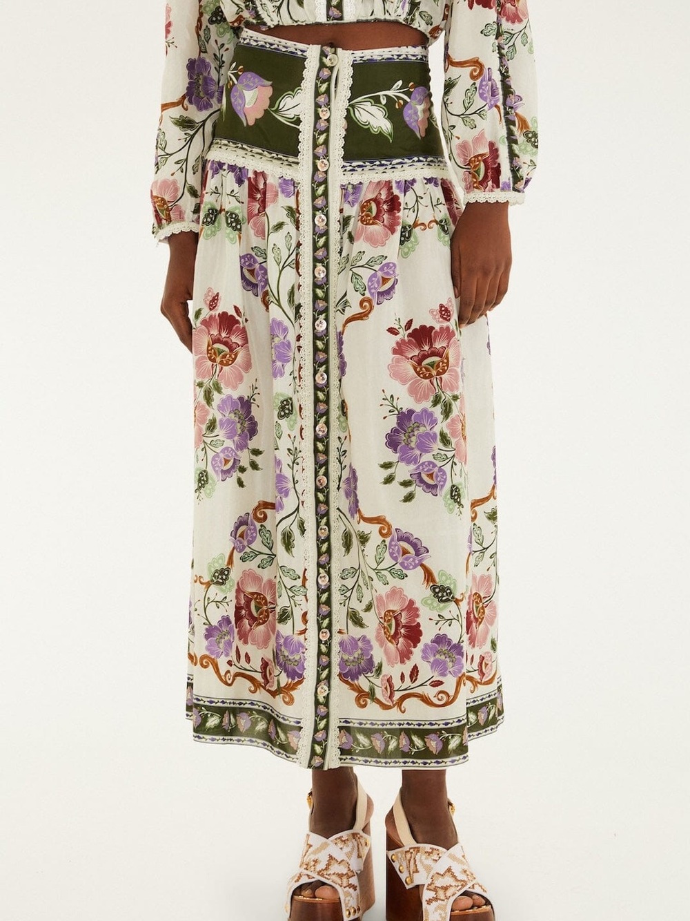 FARM Rio Ivory Floral Midi Skirt with Olive Waistband